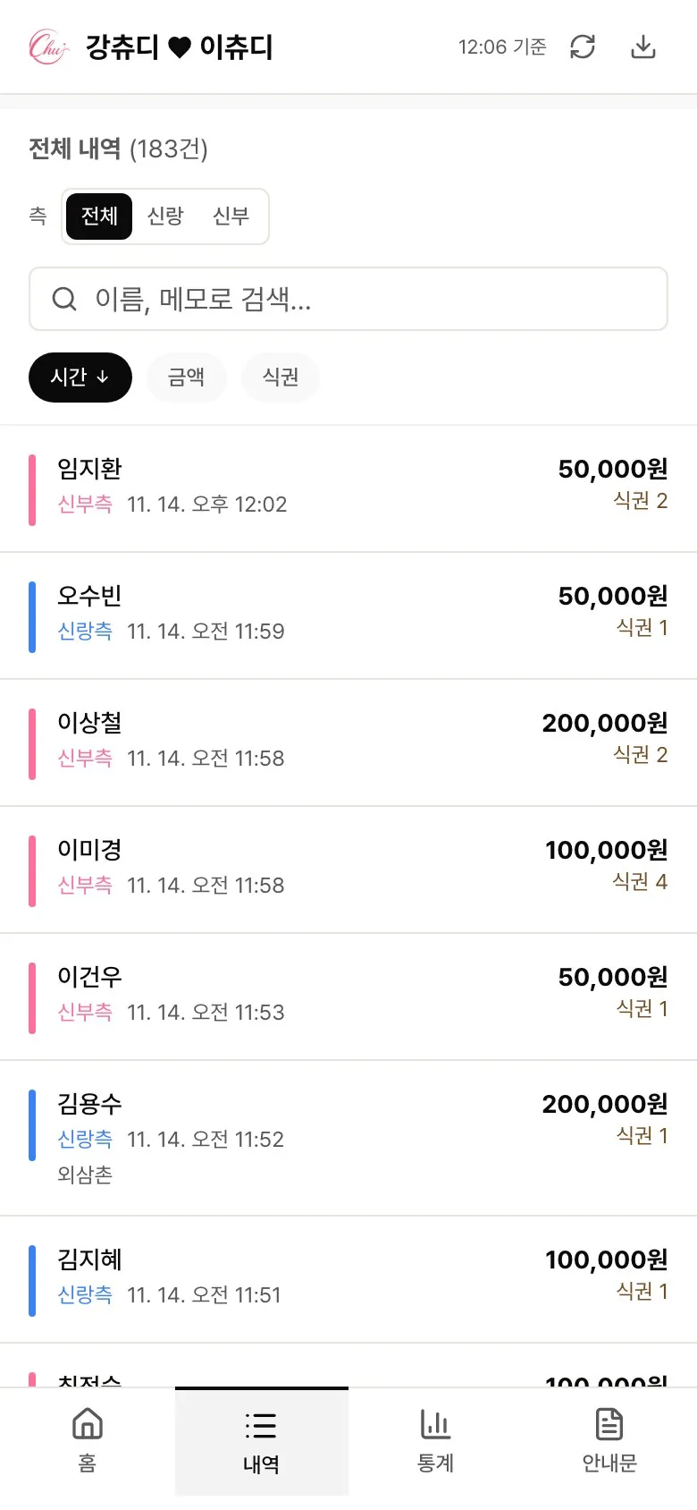 실시간 접수 내역 화면